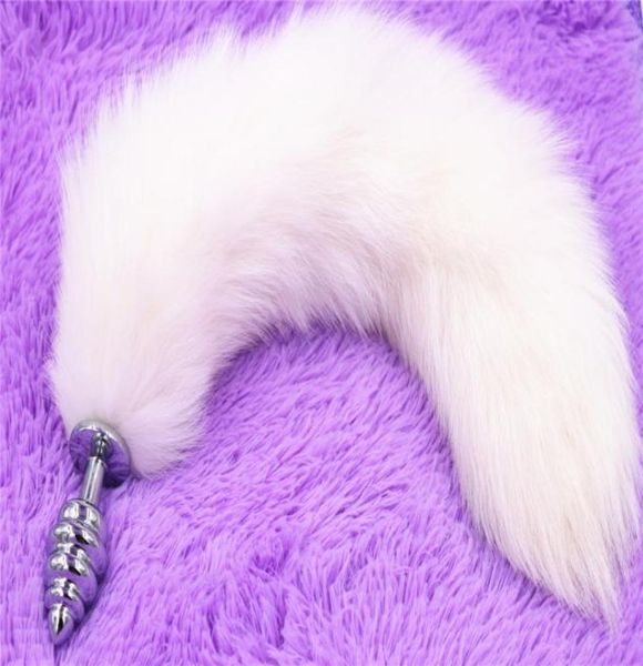 Plugues de parafuso Fox Tail Espiral Butt Plug Anal 35 cm de comprimento Real Fox Tails Metal Anal Sex Toy8897025