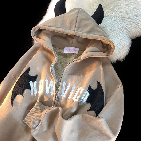 Kadın Hoodies Sweatshirts American Retro Küçük Şeytan Boynuz Hoodies Y2K Kadın Mektubu Nakış Fermuar Kapşonlu Sıradan Gevşek Ceket Katlar 231207