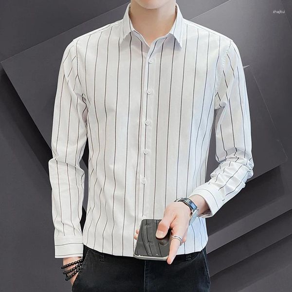 Camicie eleganti da uomo Camicia a righe Camicia a maniche lunghe coreana Vestibilità slim Gioventù Bello Versatile Alla moda