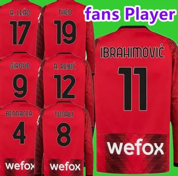 23 24 MILANS IBRAHIMOVIC Jogador Versão Futebol Jerseys Manga Longa GIROUD TONALI THEO TONALI BENNACER BRAHIM PULISIC RAFA LEAO A. REBIC R. LEAO Home Football Shirt