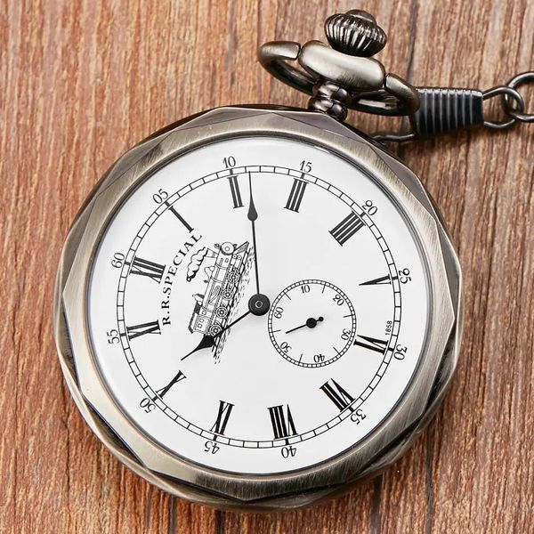 Relógios de bolso Antique Silver London Pocket Fob Relógios Mão Vento Esqueleto Homens Mulheres Relógio de Bolso Mecânico com Colar de Corrente Pingente 231207