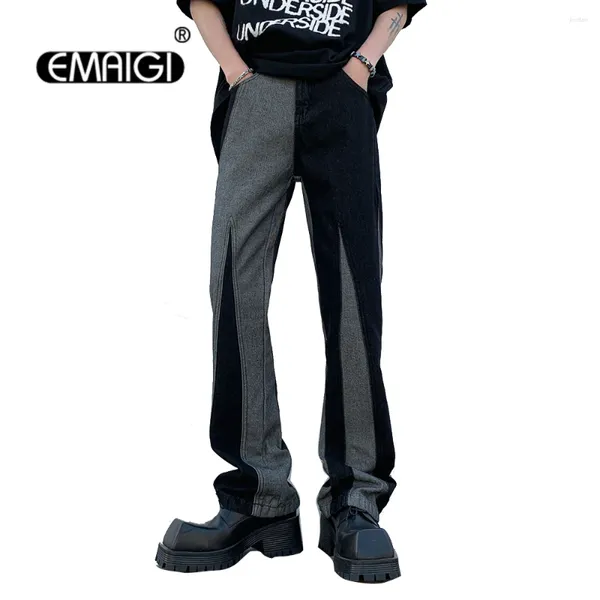 Jeans masculinos homens mulheres splice moda streetwear escuro preto hip hop gótico casual namorado denim calças masculinas plus size