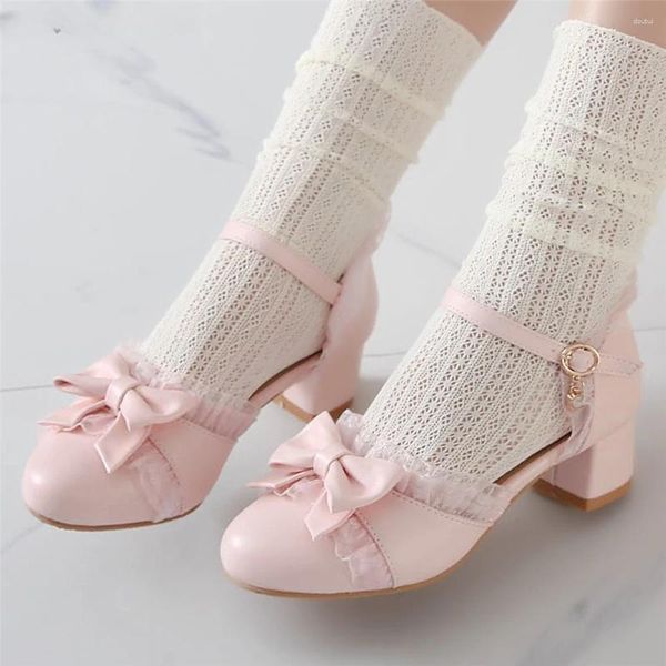 Scarpe eleganti 2023 Primavera Donna Tacchi alti Mary Jane Décolleté Festa nuziale Bianco Rosa Beige Stringa Perlina Fiocco Principessa Cosplay Lolita 31-43