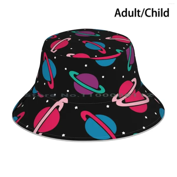 Berets Neon Espaço Planetas Padrão Bucket Hat Sun Cap Estrelas Galaxy Evannave Roxo Azul Turquesa Retro Crianças Crianças Diversão