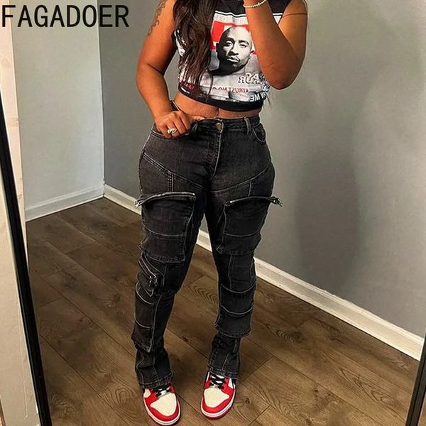 Damenjeans FAGADOER Schwarz Vintage Mode Skinny Denim Hose Hohe Taille Knopf Reißverschlusstasche Hose Lässige weibliche elastische Jean Bottoms 231207