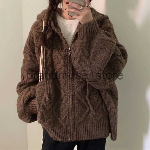 Malhas femininas Tees Biyaby Mulheres marrons vintage Cardigan 2022 Autumn Winter Hooded Twist Sweater Woman Woman Manga Long Zipper Crochet Outerwear J231208