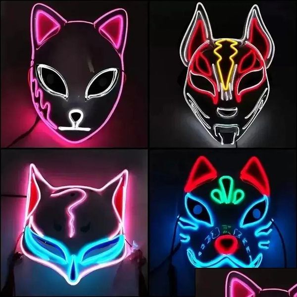 Parti Maskeleri LED Cadılar Bayramı Maskesi Karanlık Maskaras Kostümünde Karışık Işık Glow Cosplay Masques El Wire Demon Slayer Fox Dr Homefavavor DH57P
