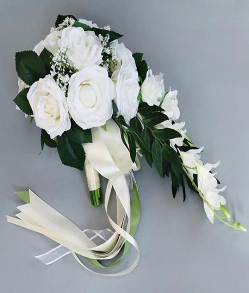 Cachoeira de seda rosa buquê de casamento para damas de honra buquês de noiva branco flores artificiais suprimentos de casamento decoração para casa8517683