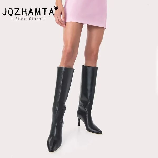 Botas JOZHAMTA Tamaño 34-42 Botas hasta la rodilla de mujer Cuero genuino Sexy Tacones altos finos Zapatos Mujer Invierno Botas largas puntiagudas Oficina informal 231207