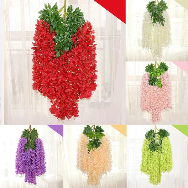 Flores decorativas flor artificial falso pendurado glicínias seda videira planta festa de casamento decoração romântico bonito