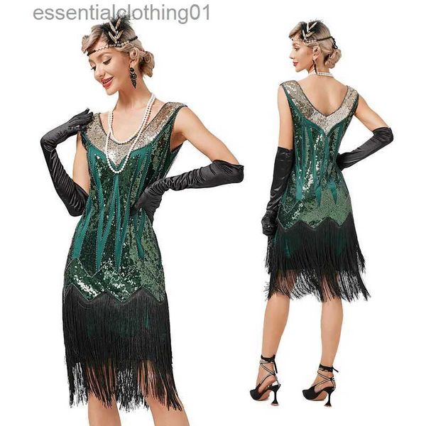 Urban Sexy Dresses Vintage 1920er Jahre Flapper V-Ausschnitt Doppelquastenkleid Great Gatsby Cosplay Come Cocktail Party Charleston Dance Paillettenkleid L231208