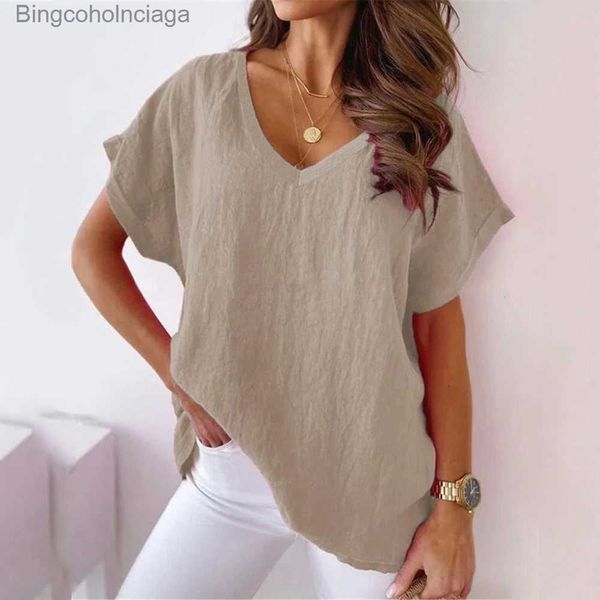 Camiseta feminina S-5XL tamanho algodão camiseta cáqui curto sle tops para mulheres verão cor sólida solta camisas com decote em v whitel231208