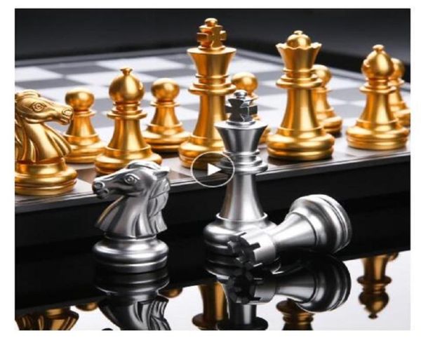 Mittelalterliches internationales Schachspiel mit Schachbrett, 32 Schachspielfiguren aus Gold und Silber, magnetisches Brettspiel, Schachfiguren-Sets, Checker8504549