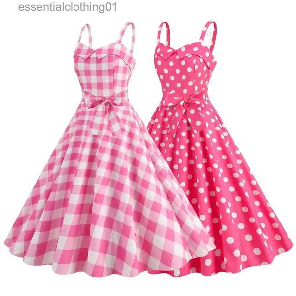 Vestidos Sexy Urbanos Mulheres Vintage e Rosa Vestido Xadrez Retro Rockabilly Strap Suspensórios Cocktail Party 1950s 40s Swing Dress Vestidos de Verão L231208