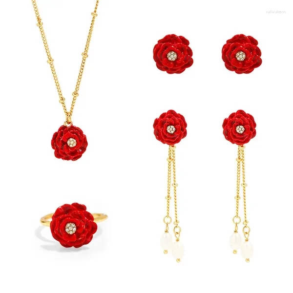 Collana Orecchini Set Smalto Smalto Fiore rosa rossa Anello Gioielli per donna Tendenza 2023