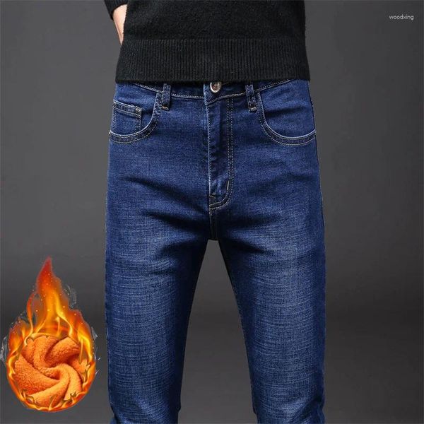 Jeans da uomo inverno uomo caldo flanella denim elasticizzato pantaloni in pile di marca di alta qualità pantaloni termici slim fit in peluche da uomo