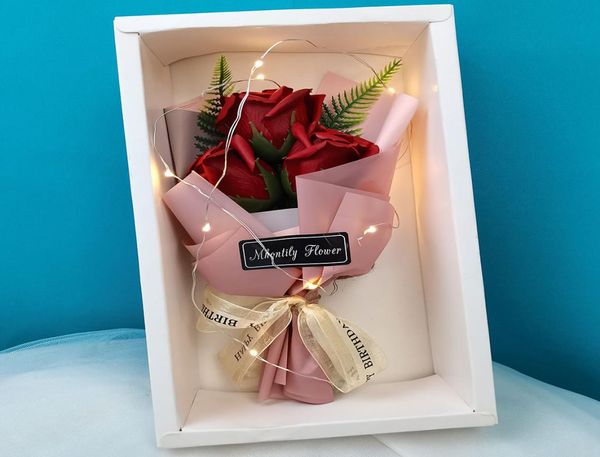 Simulazione Scatola di bouquet di sapone Fiore di rosa con luce a LED Decorazione di nozze Souvenir Regalo di San Valentino per la fidanzata1094862