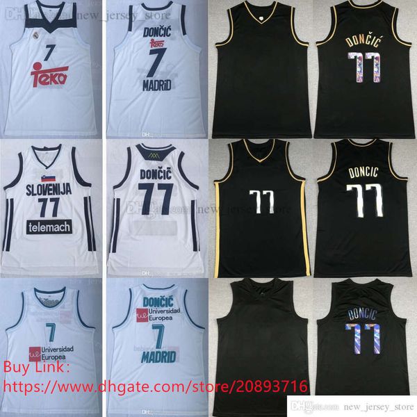 Maglie NCAA Luka Madrid Doncic 77 Divisa da basket 7 Team Club MVP Eurolega Spagna Europa Slovenija Qualità cucita Uomo Bianco Nero