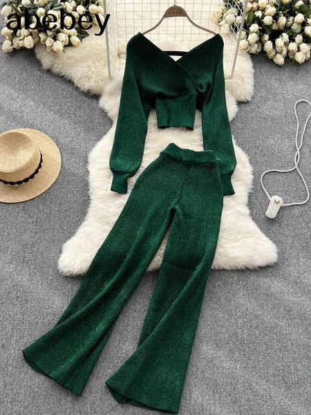 Kadınlar İki Parçalı Pantolon Elgant Moda Köpek Örme Set Sonbahar ve Kış Vneck Yarasa Kılıf Kazak Topelastik Geniş Bacak 231208