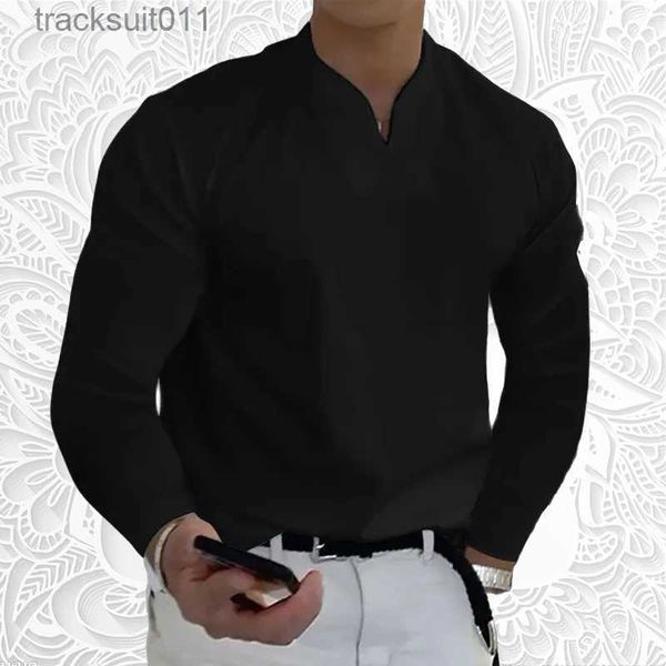 T-shirt da uomo Primavera Autunno Uomo lungo a slitta in cotone T-shirt da uomo casual Camicia con scollo a V Camicie tascabili traspiranti S-5XL L231208