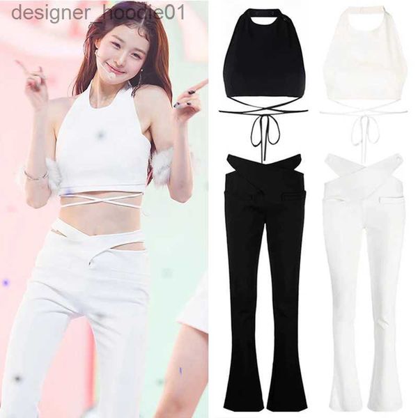 Tanques femininos Camis Kpop Idol Roupas Halter Neck Tops Recorte Cintura Calças Mulheres Cantor Jazz Performance Come Y2k Outfit Concert Stage Wear JL5506 L231208