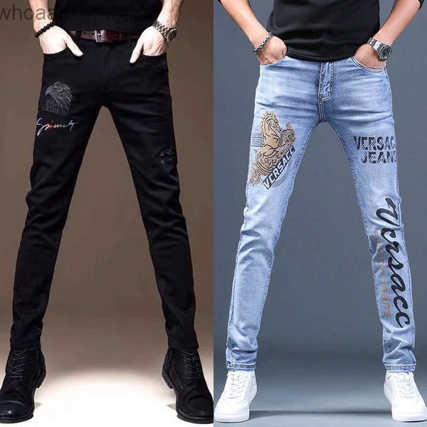 Calças de brim masculinas de alta qualidade dos homens fino ajuste estiramento azul denim calças na moda bordado rua moda jeans preto arranhões sexy jeans casuais; YQ231208