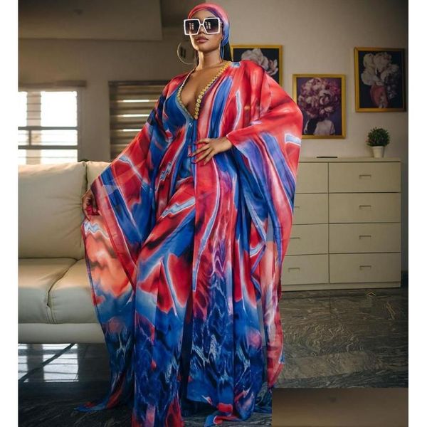 Roupas étnicas Roupas étnicas Moda Design Clássico Africano Dashiki Mulheres Abaya Chiffon Tecido Imprimir Vestido Solto Adicionar Calças 2 Pi Dhg0D