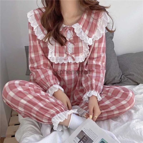 Damen-Blusen, Hemden, Kawaii-Plaid, Peter-Pan-Kragen, Herbst, Heimanzug, Frauen, Spitze, Patchwork, Hemden + Hosen, Set, zweiteiliges Pyjama-Set, Baumwolle, Lolita, YQ231208