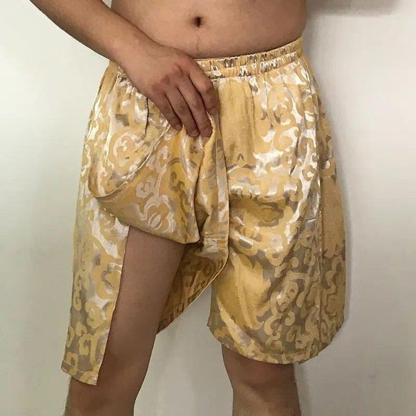 Shorts masculinos de alta divisão gelo seda cetim brilhante masculino plus size casual dormir bottoms