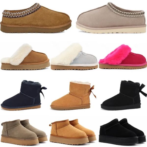 2024 Schneestiefel Frauen Freizeitschuhe Slipper Geflecht bequeme Australien Stiefel Wildleder Schafsleder Fell gefüttertes Gleitschuh Winterschuhe Schwarze Kastanienstiefel