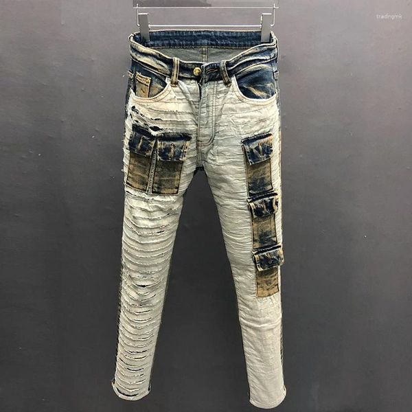 Erkek kot hip hop fermuar kullanılmış dilenci pantolonları yüksek cadde moda yıkanmış bootcut erkekler için vaqueros hombre vintage ince fit