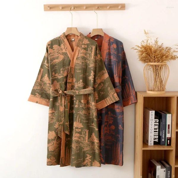 Männer Nachtwäsche Reine Baumwolle Floral Kimono Robe Bademantel Mann Herbst Langarm Morgenmantel Nacht Unterwäsche Männlich