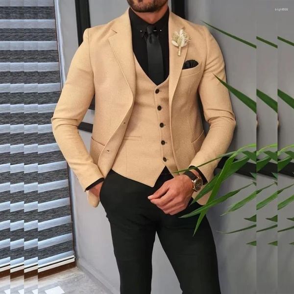 Abiti da uomo monopetto con risvolto dentellato giacca champagne gilet pantaloni neri 3 pezzi costume homme ufficio set completo personalizzato