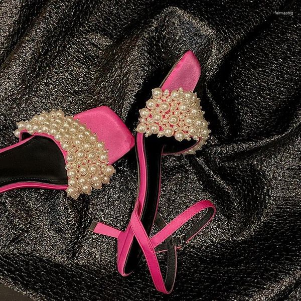Sandali rosa rossa seta donna perla perline design chic tacchi alti ballo di fine anno scarpe estive sandali con cinturino alla caviglia nero Femininos