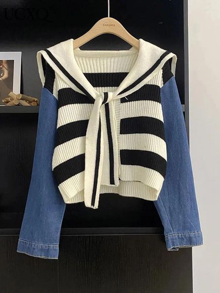 Mulheres Malhas UCXQ Manga Longa Denim Patchwork Cardigan Casaco Mulheres Marinheiro Colarinho Gravata Preto Branco Suéter Jaqueta 2023 Outono Inverno 23A5017