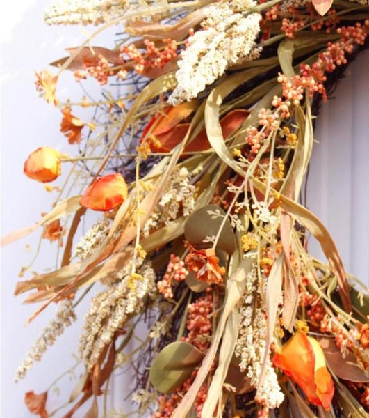 Flores decorativas grinaldas 62cm queda porta da frente grinalda colheita ouro trigo orelhas círculo guirlanda outono para parede de casamento casa deco4498368