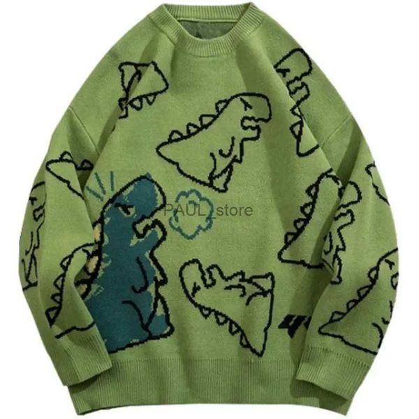 Мужские свитера Свитера мужские в стиле Харадзюку Вязаные хип-хоп Уличная одежда Пуловер с рисунком динозавра Негабаритные повседневные винтажные свитера с круглым вырезом для парL231209