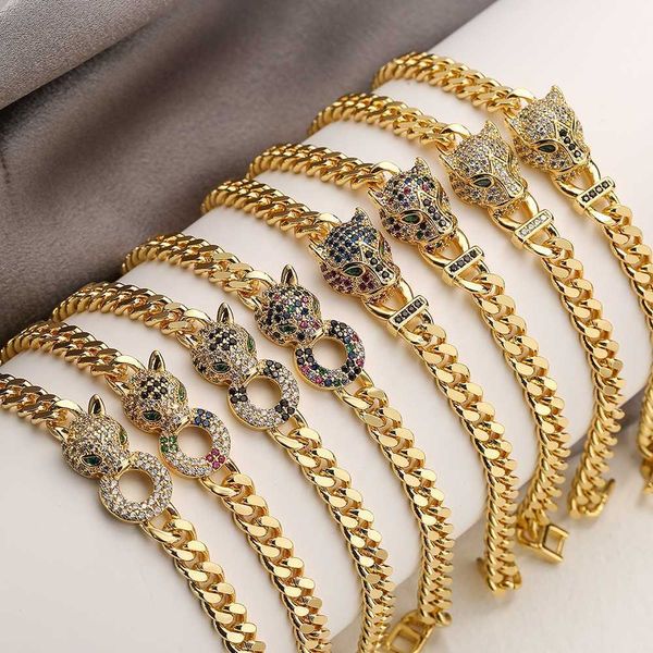Acessórios de moda 2023 joias de ouro com cabeça de leopardo grosso link cubano pulseira de ouro
