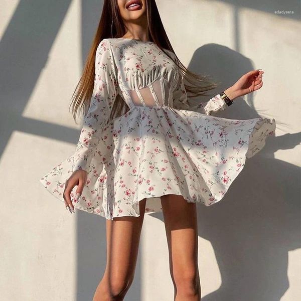 Casual Kleider Süße Frühling Blumendruck Falten A-Linie Kleid 2024 Chic Langarm Transparent Mini Frauen Elegante Oansatz Party