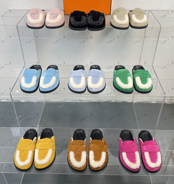 Alta qualidade nova primavera outono múltiplas cores mulheres meia chinelo criança camurça saltos grossos pele dedo do pé redondo decoração de lã feminino outwear preguiçoso slides pista seus sapatos planos