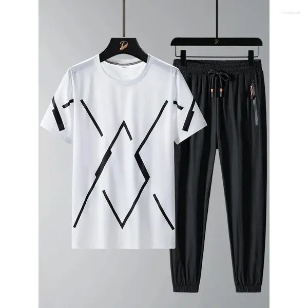 Fatos masculinos plus size moda padrão camisetas calças 2 peça define homens streetwear casual jogger ternos de suor 8xl