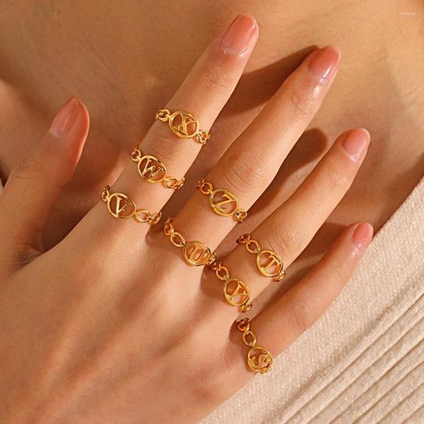 Anéis de cluster venda aço inoxidável banhado 18k ouro simples abertura de moda ajustável 26 letras para mulheres iniciais anel de dedo