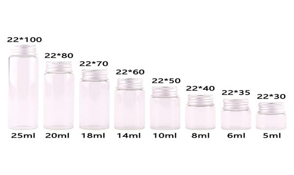 Garrafas de vidro transparentes, diâmetro 22mm 5ml 10ml 20ml 25ml, frascos bonitos terrário com tampa de parafuso prateado, artesanato de casamento 100pcs9570880