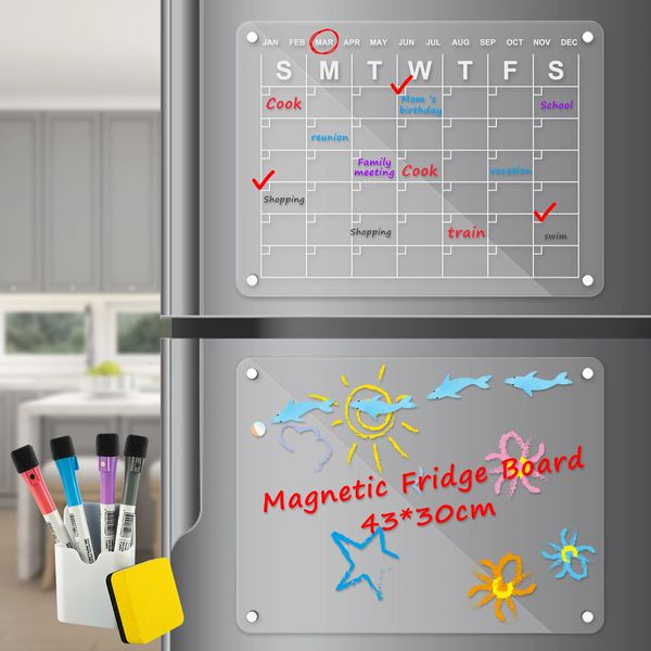 Магниты на холодильник Акриловый магнит на холодильник Магнитный календарь на холодильник Набор с 4 маркерами Держатель для ручек Многоразовый прозрачный магнит на холодильник Календарь 231208