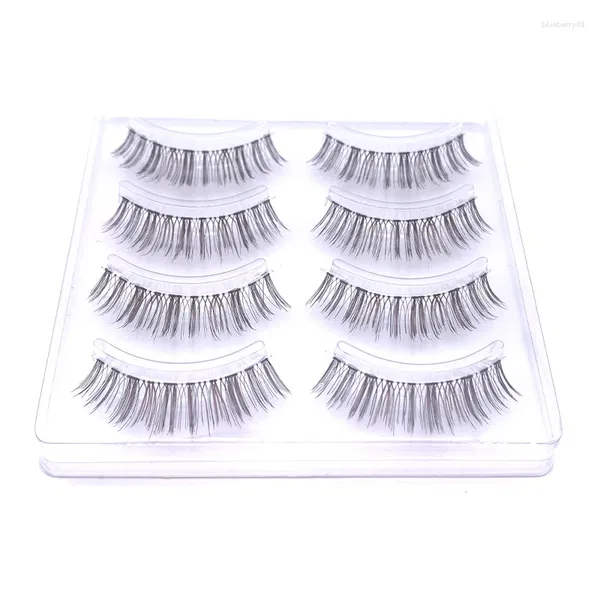 Falsche Wimpern, 4 Paar, Seiden-Volumenstreifen-Wimpern, Wimpern, natürlich, lange, handgefertigte, transparente Band-Wimpern-Set