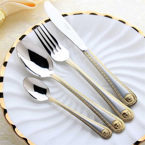 4-teiliges Set Vintage Western vergoldetes Geschirr Tafelgabel LNIFE Set Goldenes Besteckset Edelstahl Gravur Geschirr X0702659