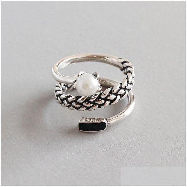 Charms Neue Sier Spirale Natürliche Süßwasserperlenringe Anillos Für Frauen 925 Sterling Dreischichtige Twist Stricken Fingerring Bijoux Dro Dhr4M