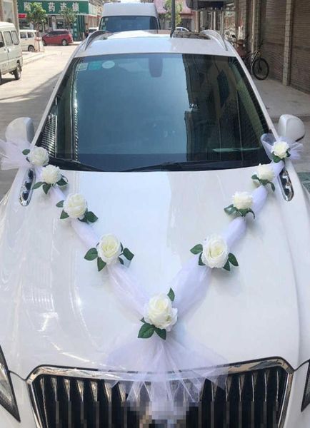 Белая роза Искусственный цветок для украшения свадебного автомобиля Свадебные украшения для автомобиля Ручка двери Ленты Шелковый цветок T2001037331713