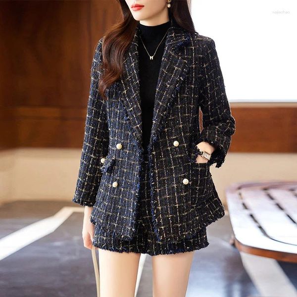 Ternos femininos preto tweed terno conjunto para mulher no outono e inverno 2023 temperamento fã xiaoxiangfeng calções casuais