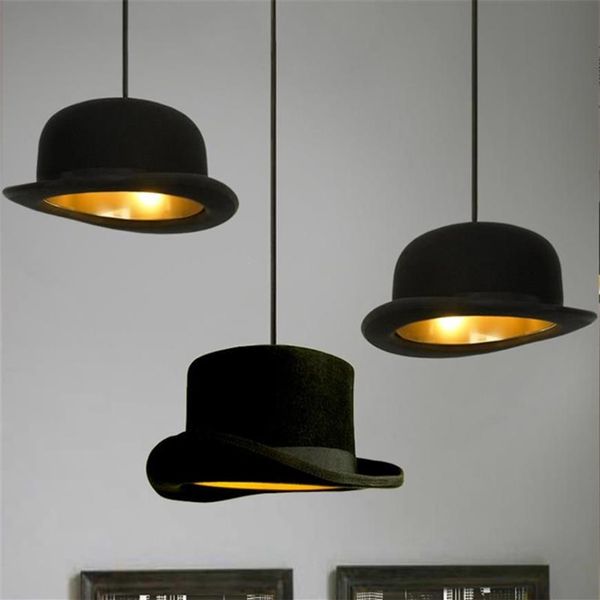 Moderno preto led e27 luzes pingente mágico tecido bowler chapéu alto lâmpadas iluminação loja de roupas decoração luminárias 1995